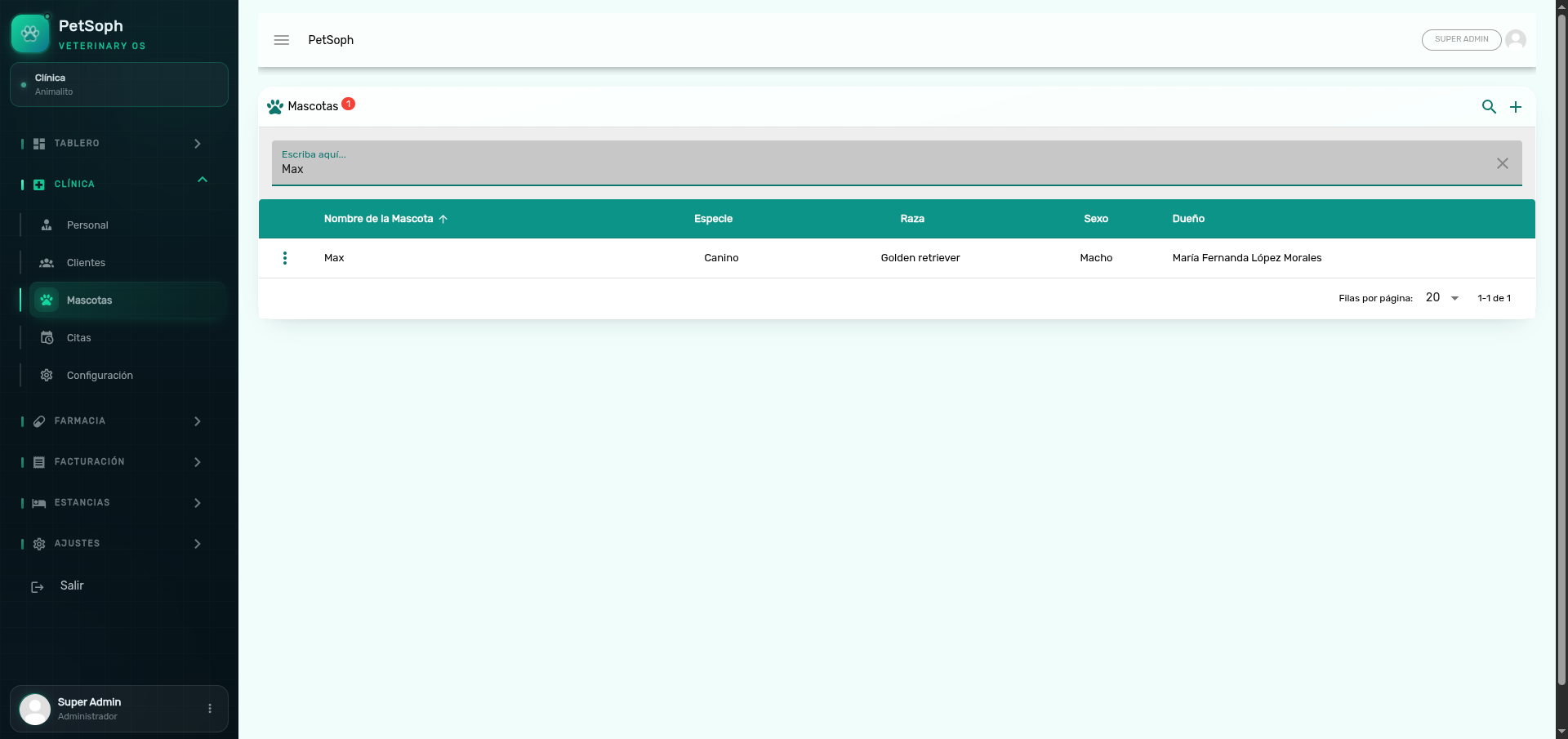 Real-time search in PetSoph lists